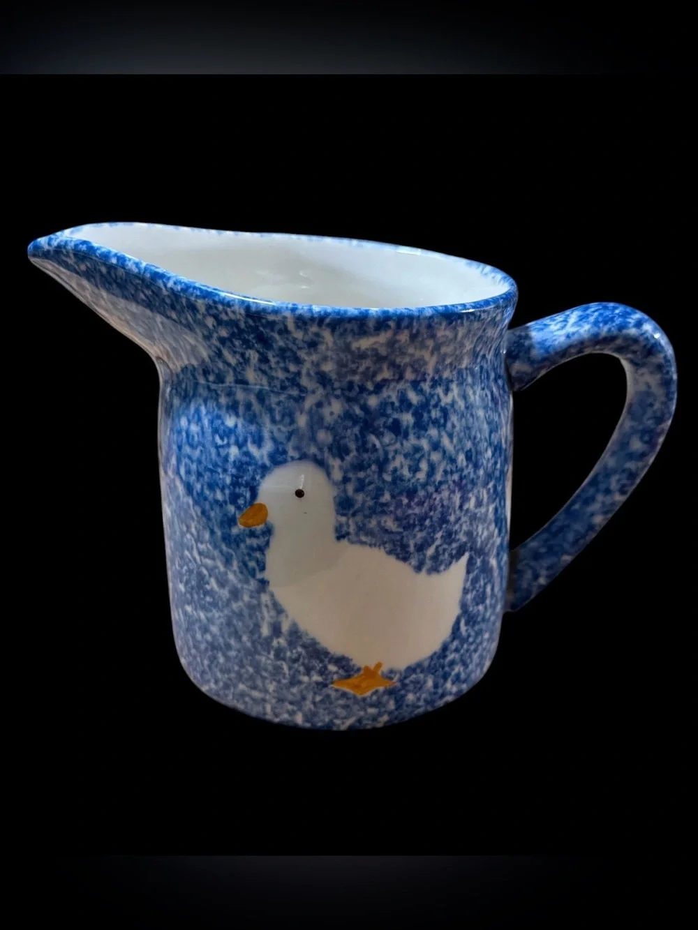 Vintage Blue Speckled Ceramic Creamer with Seagull Motif